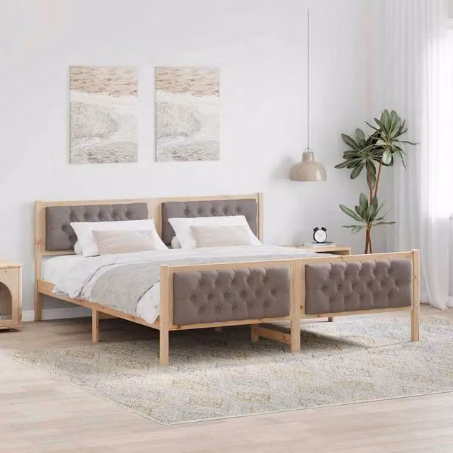 Berkfield Home Upholstered Bed Frame with Headboard in Beige Solid Pine Wood W/D/H: 180 x 200 x 85.5 cm – 1