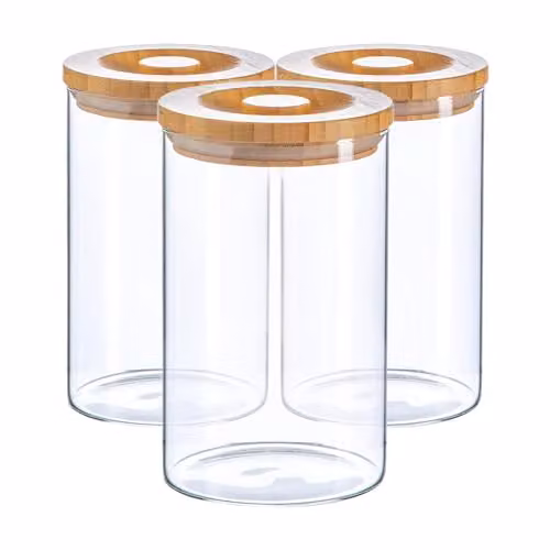 Argon Tableware Scandi Airtight Glass Storage Jars with Solid Wood Lids, 1 Litre, 3 Pack, Transparent – 1