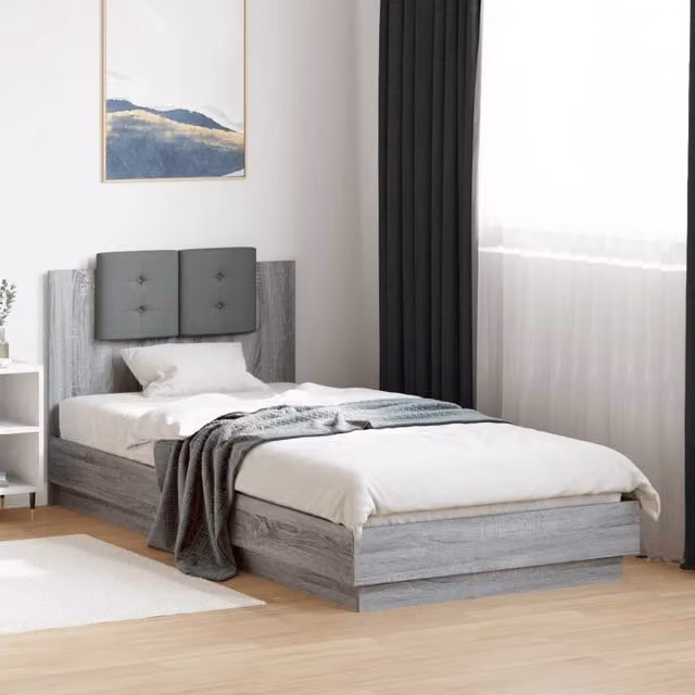 Berkfield Home Grey Sonoma Bed Frame with LED Lighting and USB Charging Port, W/D/H: 90 x 200 cm – 1
