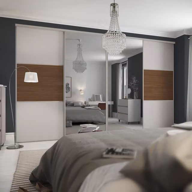 Spacepro Classic 3 Panel Sliding Wardrobe Door Kit in Dove Grey Walnut and Mirror