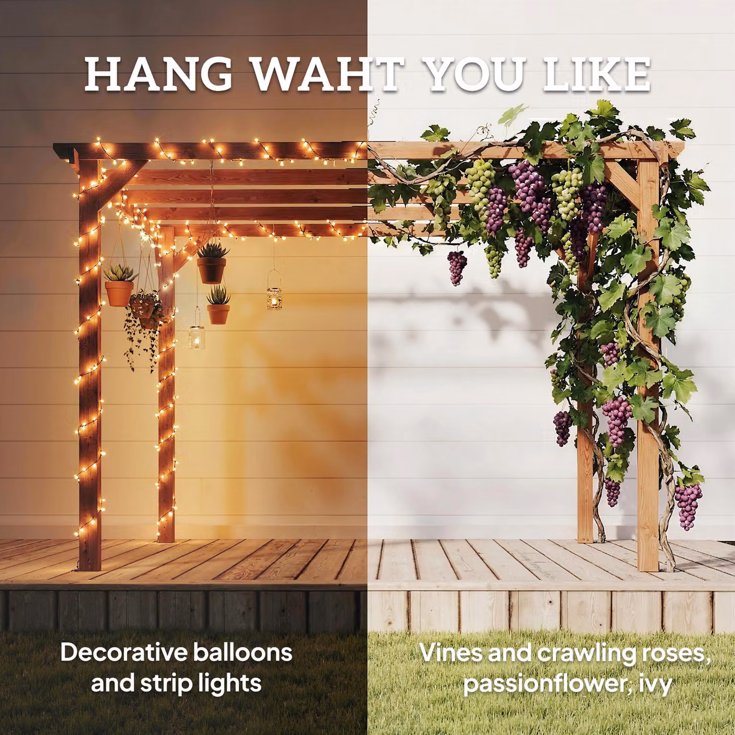 Outsunny Brown Rustic Wooden and Metal Garden Pergola Kit with Grape Trellis and Triangle Supports, W: 300 cm, D: 300 cm, H: 204 cm – 4
