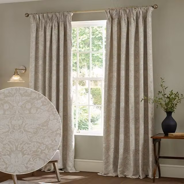 Morris & Co Strawberry Thief Jacquard Pencil Pleat Curtains in Beige, Width: 229 cm, Drop: 229 cm
