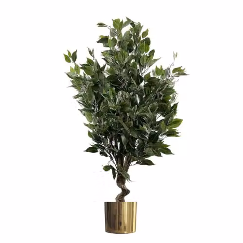 Leaf Artificial Green Ficus Twist Tree in a Gold Metal Planter, Height: 110 cm