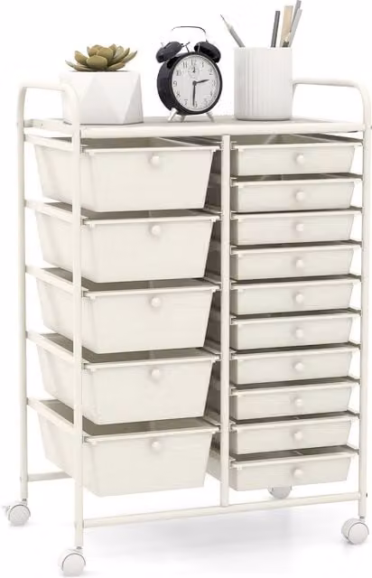 COSTWAY 15 Drawer White Plastic Storage Trolley with Castors