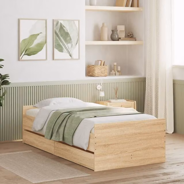Berkfield Home Bed Frame with Drawers in Sonoma Oak, Brown, W/D/H: 90 x 200 cm – 1