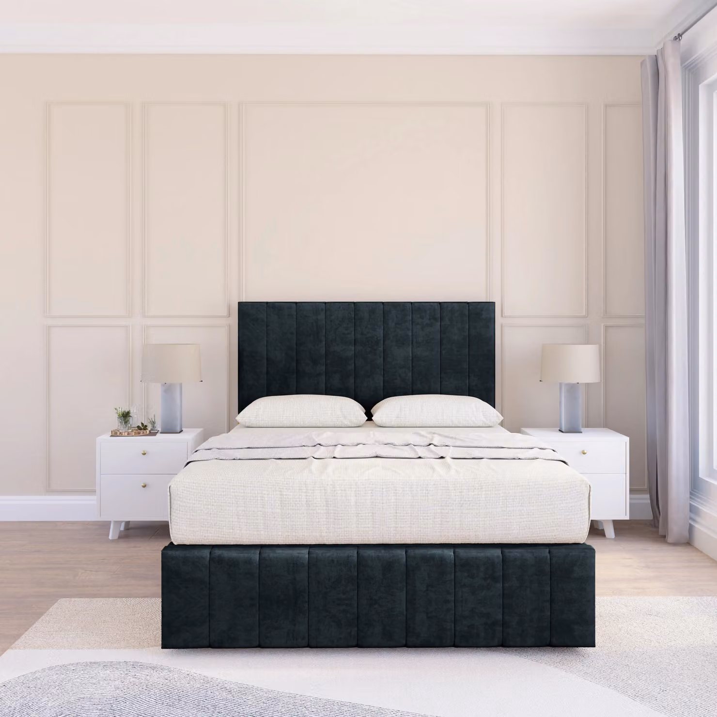 Sloomy California Divan Bed Base in Black Velvet with 2 Drawers, 12 inch Footboard and 26 inch Struts Headboard, W/D/H: 140 x 200 cm