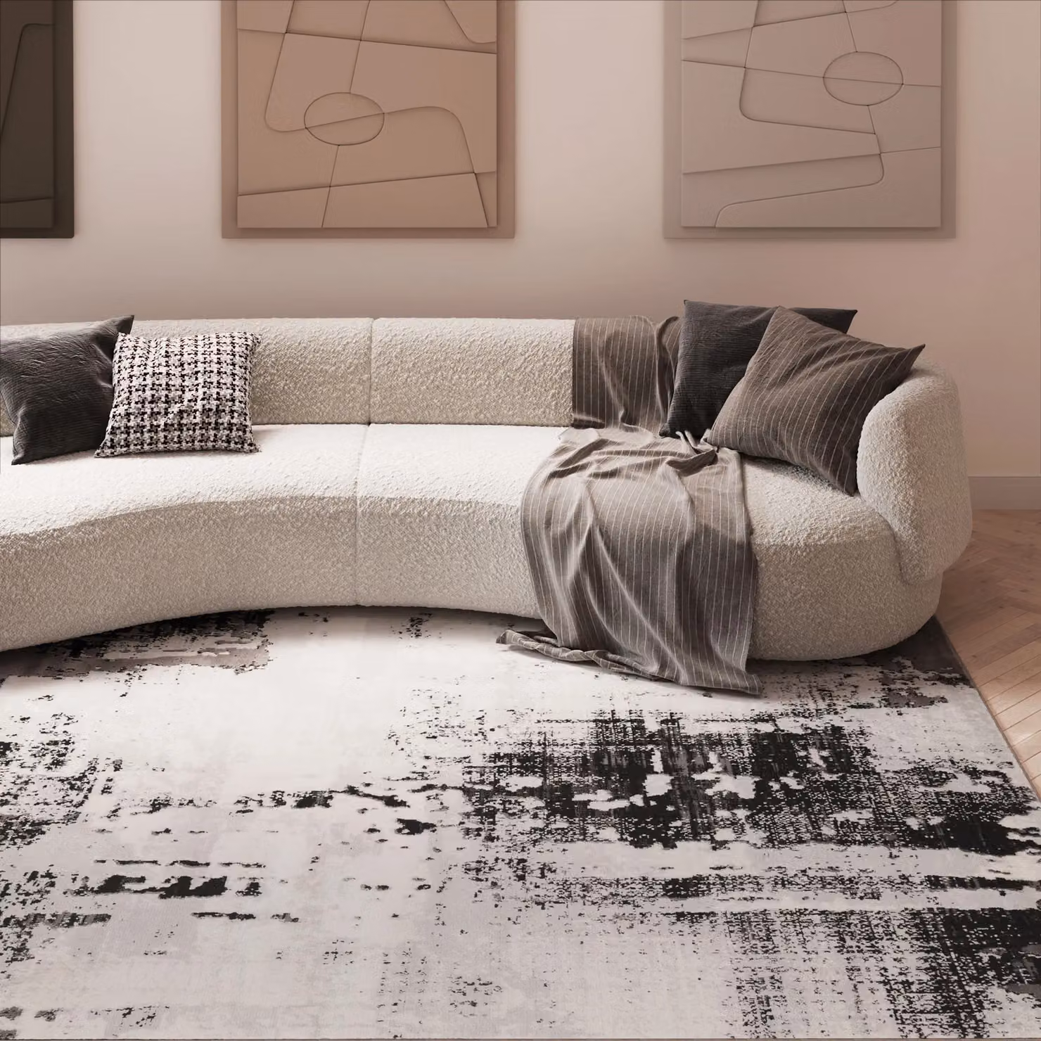 Kukoon Modern Distressed Abstract Rug in Silver and Grey, W: 240 cm, D: 330 cm – 4