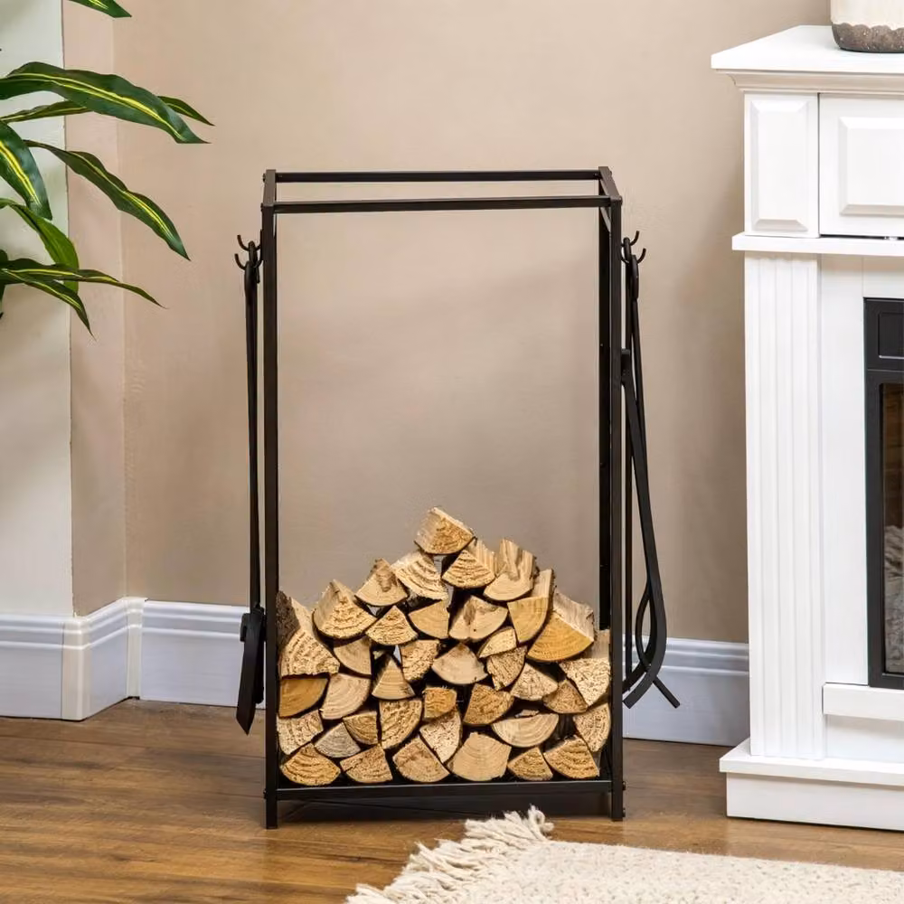 STILVORA Black Steel Firewood Log Holder with 4 Tools, W/D/H: 70.0 x 46.0 x 30.0 cm – 3