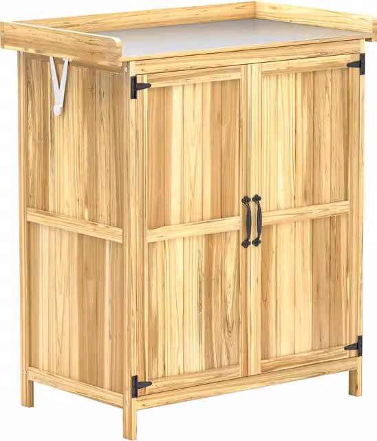 Outsunny Rustic Fir Wood Shed with Metal Worktop, Brown, W: 43 cm, D: 43 cm, H: 74 cm – 1