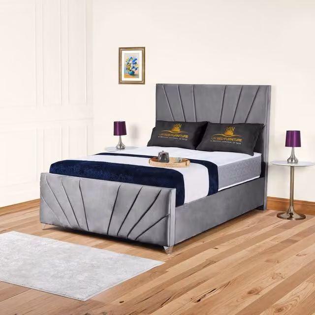 UK Bed Furniture Sunrise Upholstered Velvet Slatted Base Bed in Grey, Size: 200 x 200 cm