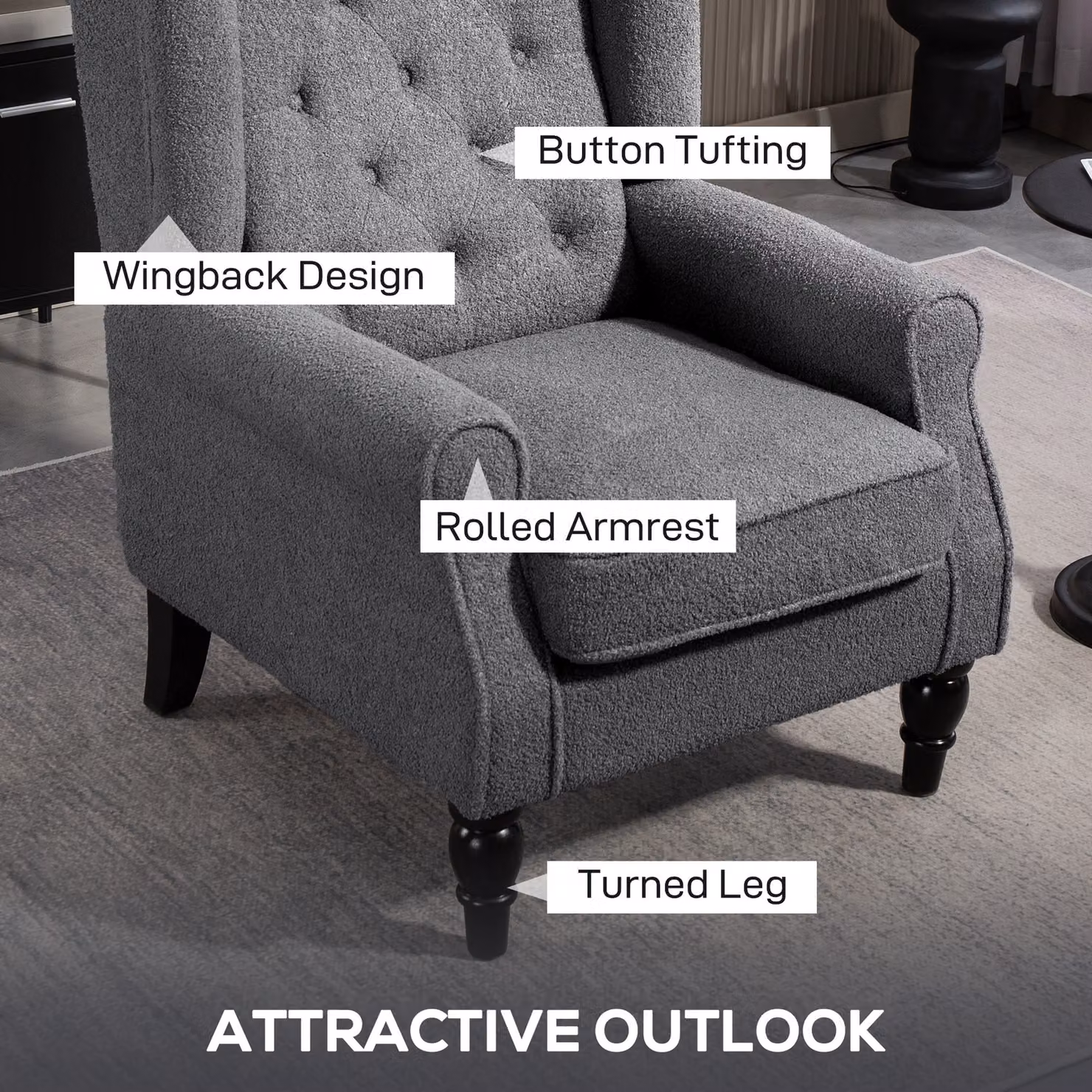 HOMCOM Retro Wingback Accent Chair in Grey Fabric with Solid Wood Frame and Button Tufting – 4