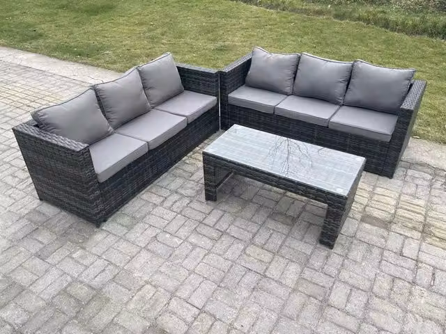 Fimous Outdoor Rattan Garden Furniture Lounge Sofa Set with Oblong Coffee Table in Dark Grey – 1