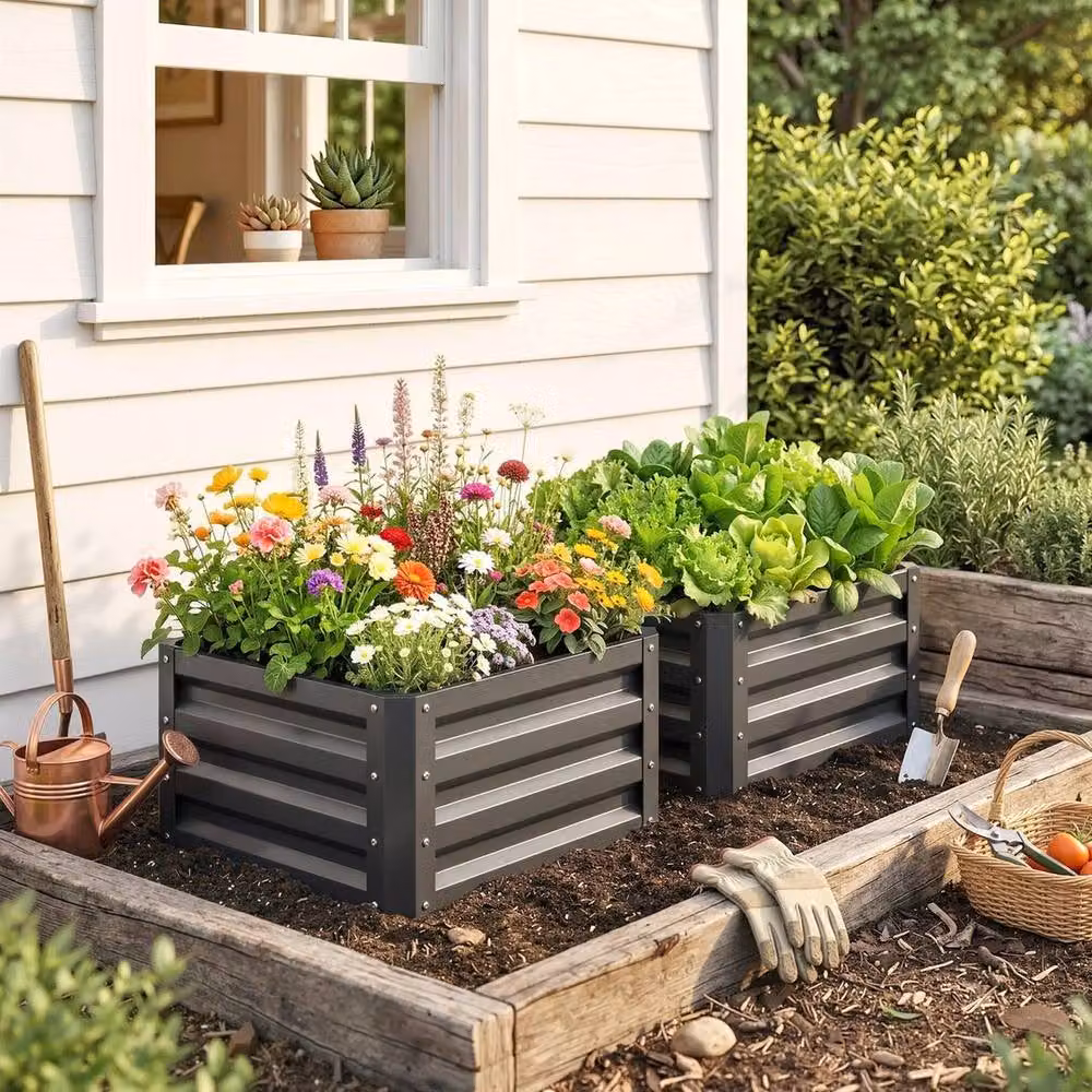 NESTLUNE Set of 2 Grey Galvanised Steel Raised Garden Planter Boxes – 4
