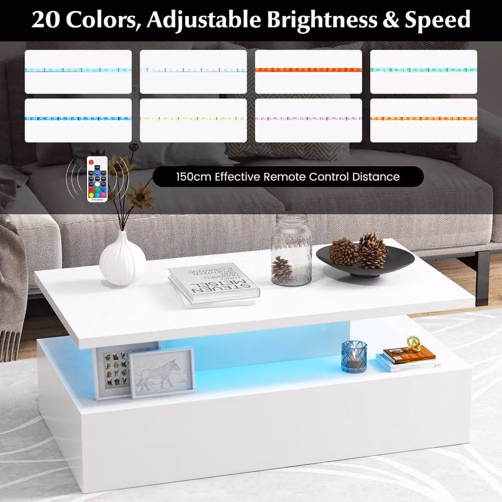 Costway Modern 2-Tier White Glossy Coffee Table with LED Light – 5