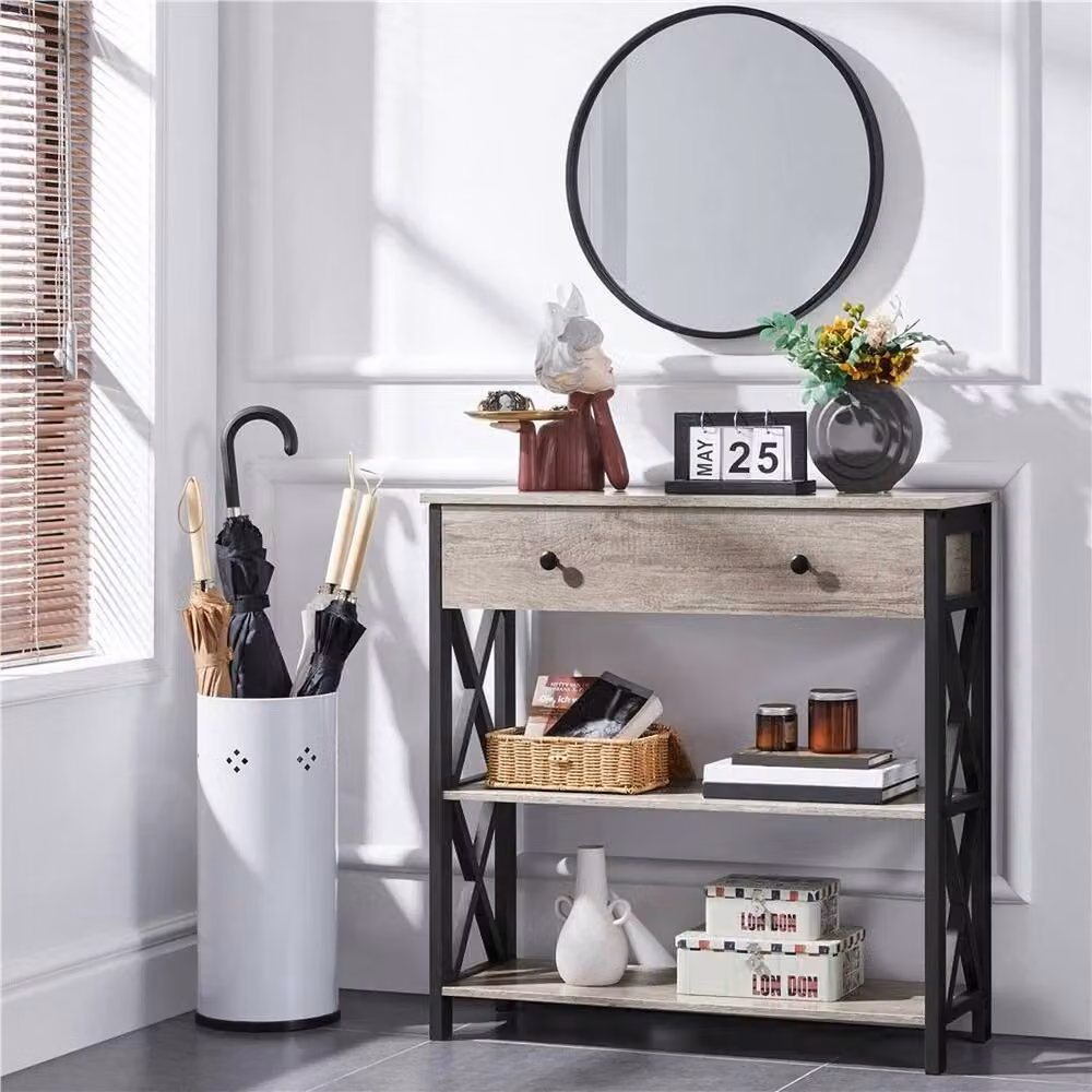 Kelvenix Grey Industrial Console Table with Glass Top and X-Frame Design – 5