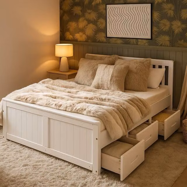 Mission Solid Wood 6-Drawer Storage Bed in White and Waxed, Size: 120 x 200 cm