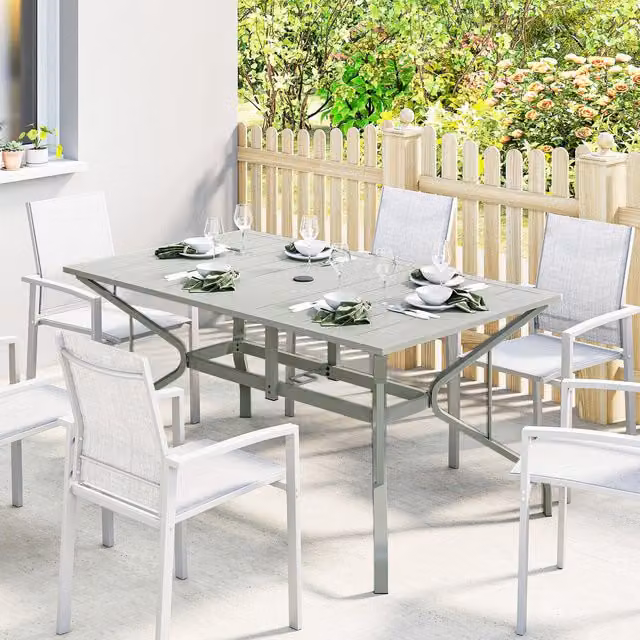 Outsunny Modern Metal Garden Dining Table with Slat Tabletop in Light Grey