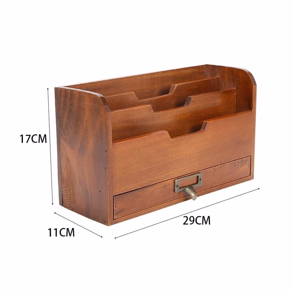 Kelvenix Rustic Solid Wood Desktop Letter Tray and File Storage Box in Brown with Handles – 2