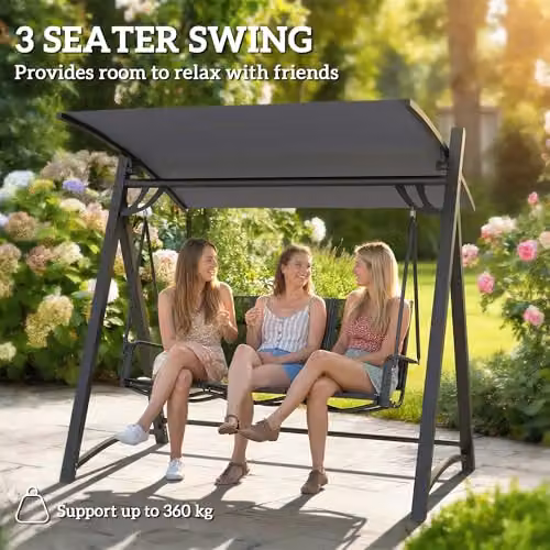 Outsunny 3 Seater Garden Swing Bench with Adjustable Canopy, Grey, W/D/H: 188 x 130 x 183 cm – 3