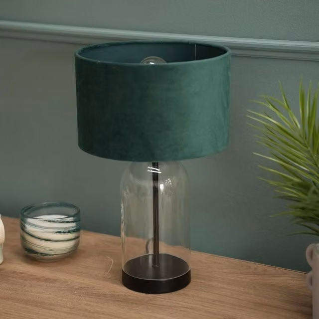 ValueLights Jessy Black Glass and Metal Table Lamp with Forest Green Fabric Shade – 1