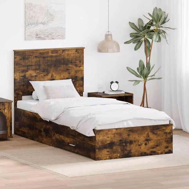Berkfield Home Smoked Oak Bed Frame with Headboard in Brown, W/D/H: 90 x 190 cm