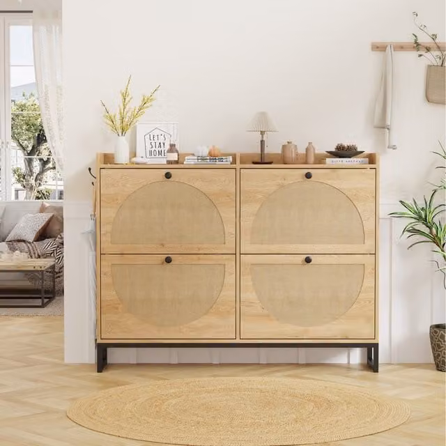 HMD Furniture Scandinavian Rattan Design Shoe Cabinet in Beige with Tilting Compartments W/D/H: 93.5 x 23.5 x 23.5 cm