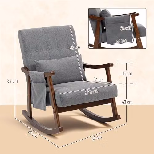 HOMCOM Modern Grey Fabric Rocking Chair with Solid Wood Frame and Armrests W/D/H: 65 x 84 x 87 cm – 3