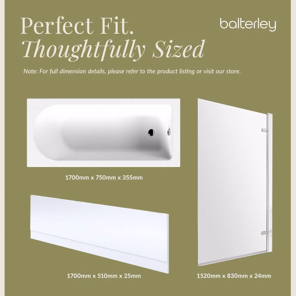 Balterley Round Shower Bath Set with Panel and Hinged Screen, White, W/D/H: 170 x 75 x 36 cm – 3