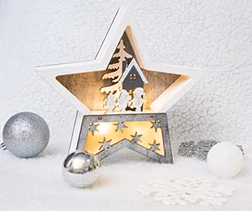 Netagon Battery Powered Wooden Light Up Christmas Star in White and Brown – 1