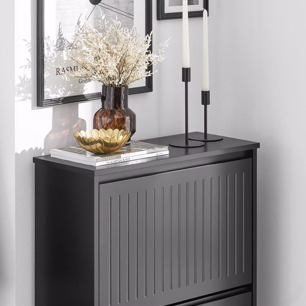 SoBuy Slim Modern Shoe Cabinet in Black with Tilting Compartments and Internal Shelves – 3