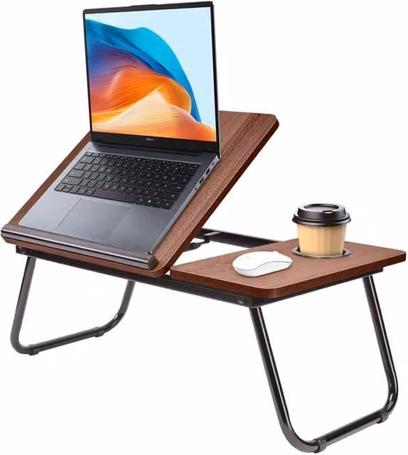 SPETLEK Adjustable Height Foldable Laptop Desk with Cup Holder in Brown – 1