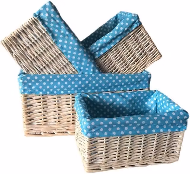 Set of 4 Red Wicker Hamper Open Storage Baskets with Blue Spotty Cotton Lining