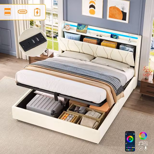 Matteo Double Upholstered Bed Frame with Hydraulic Storage, LED Headboard and USB Charging Port in Beige, W/D/H: 140 x 200 x 137 cm – 1
