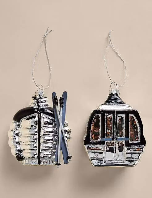 M&S 2 Pack Multicolour Glass Hanging Ski Christmas Decorations