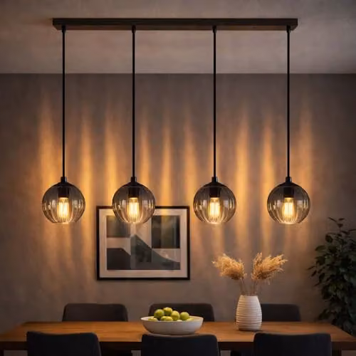 Netlighting Dallerta Bar Pendant Ceiling Light in Black with Grey Glass Shades, 4x E27, W/D/H: 120 x 17 x 80 cm – 2