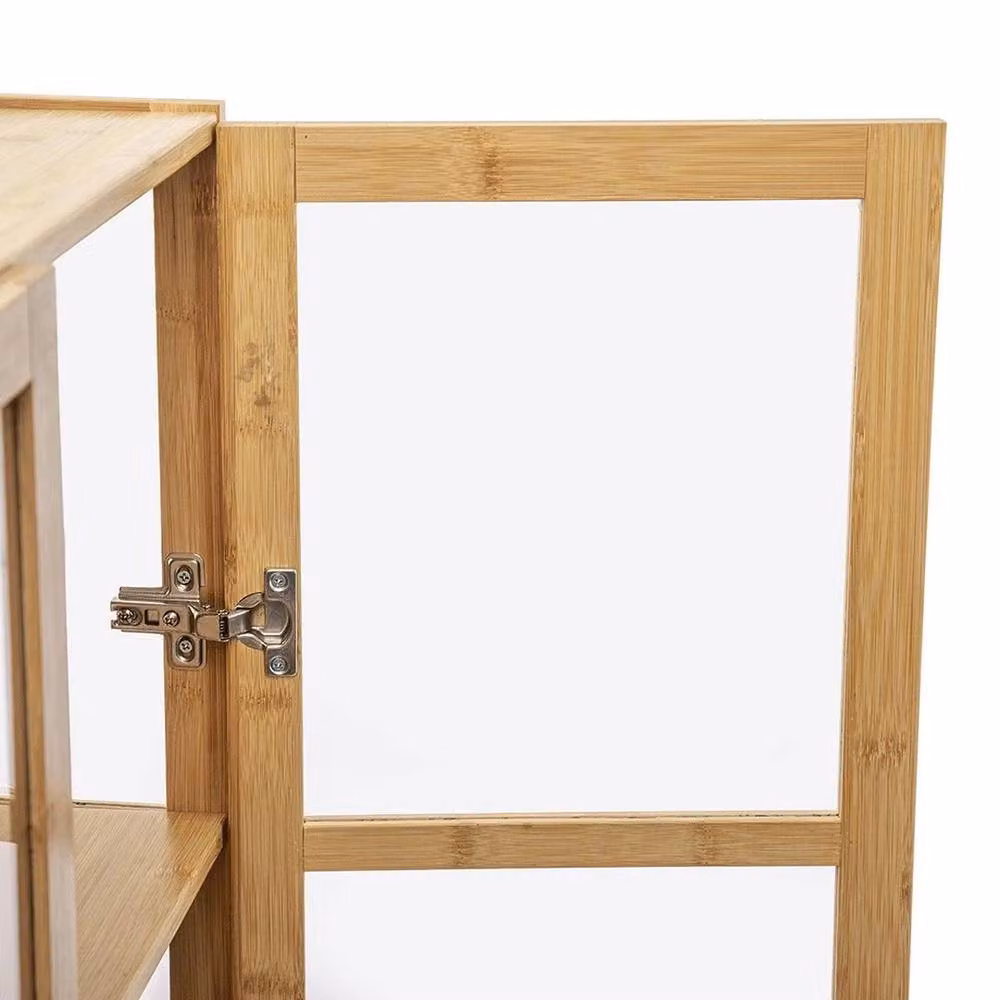 KORVIXA Brown Bamboo Display Case with Glass Doors and Internal Shelves, W/D/H: 33 x 33 x 130 cm – 4