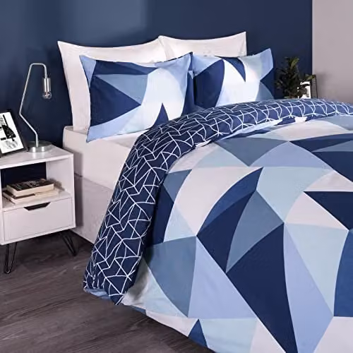 OHS Geometric Shapes Single Duvet Cover and Pillowcase Set in Blue and White, Polycotton Bedding W/D/H: 135 x 200 cm