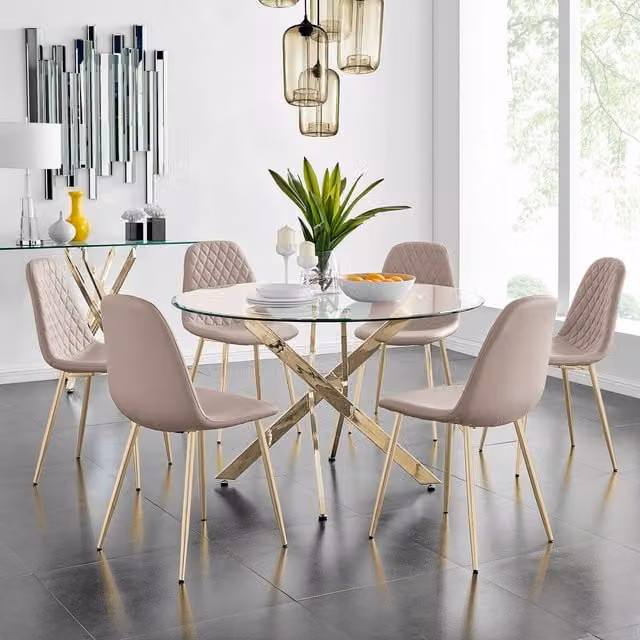 FurnitureboxUK Novara Dining Table and Six Corona Gold Chairs Set in Cappuccino with Glass Top and Faux Leather Seats