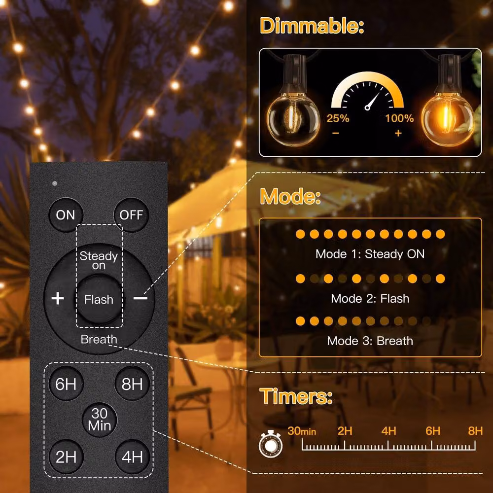 Ollny Solar USB String Lights with Remote Control, 10m Black G40 Bulbs, IP45 Warm White Sphere Lights with 3 Modes – 5