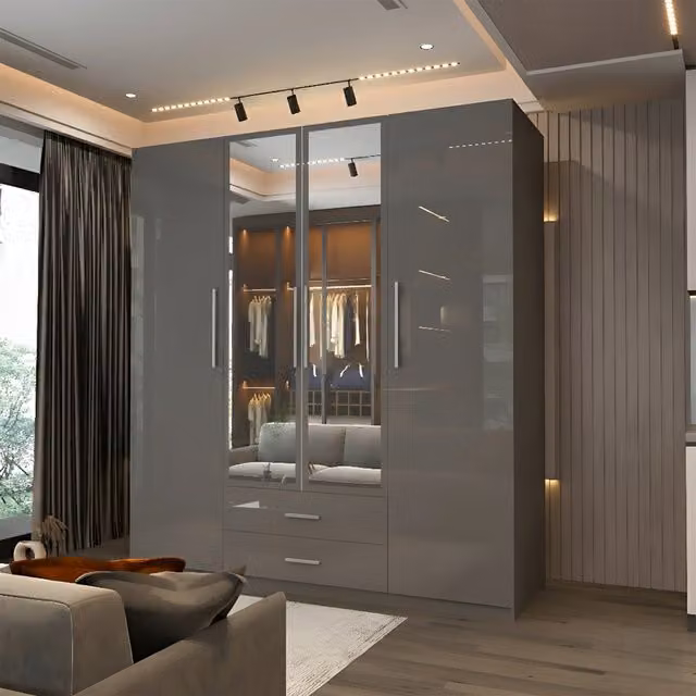 Sliding Wardrobes 4 u Modern Glossy Grey Hinged Door Wardrobe with Mirror, Width: 160 cm