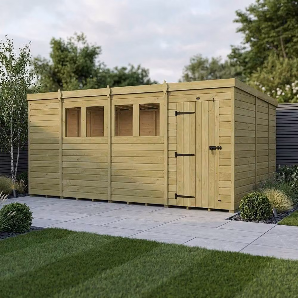 Buttercup Farm Brown Timber Pent Garden Shed with Single Door and Windows, W: 457.2 cm, D: 274.3 cm, H: 210 cm – 2