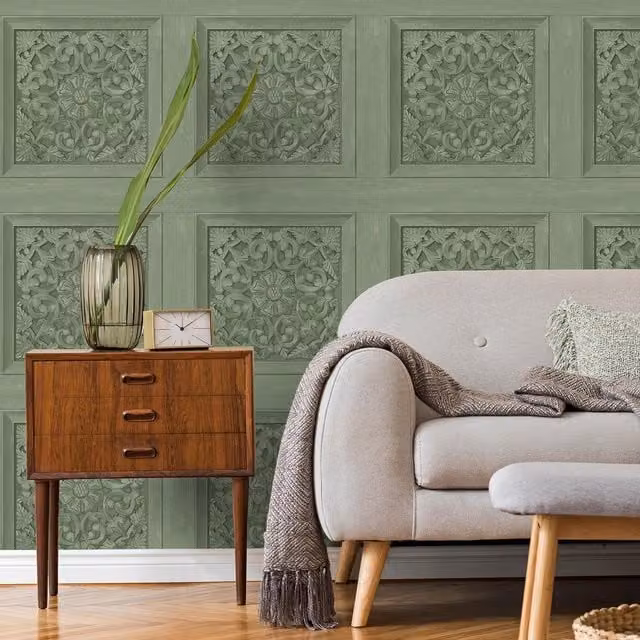 Fine Decor Abstract Floral Carved Panel Wallpaper in Green, Grey and White