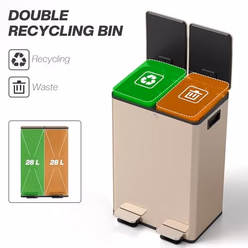 HOMCOM Dual Kitchen Pedal Bin with Soft Close Lids and Odour Filter, Gold Tone Stainless Steel, 2 x 28L – 4