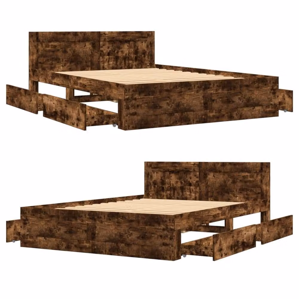 Berkfield Home Small Double Bed Frame with Headboard and Drawers in Smoked Oak Brown, W/D/H: 120 x 200 cm – 4