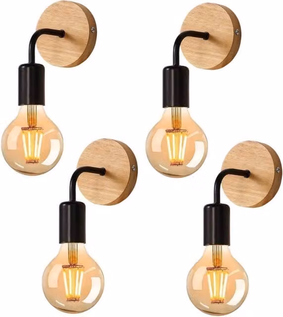 COMELY Set of 4 Industrial Vintage Wall Lights in Black and Wood with E27 Socket