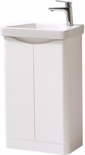 Clifton Gloss White 2 Door Floor Standing Cloakroom Unit and Ceramic Basin, W: 50 cm, D: 29 cm, H: 84 cm