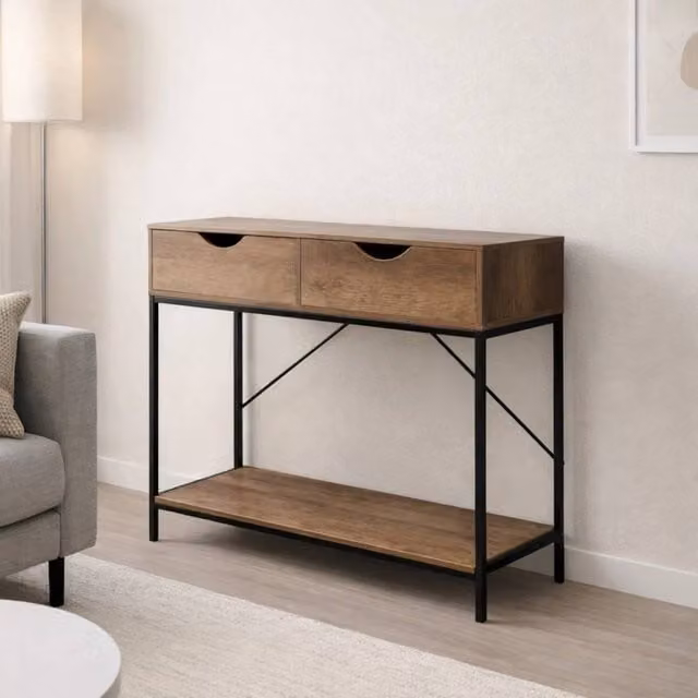 FORGEVIO Modern 2 Tier Console Table with Drawer, Black Metal Frame and Multicolour Wood, W/D/H: 75 x 30 x 80 cm – 1