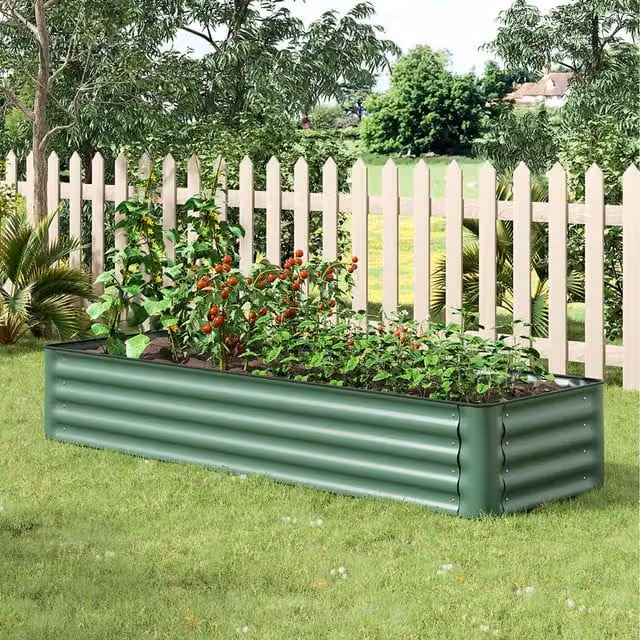 Livingandhome Green Metal Raised Garden Bed with Climbing Support for Vegetable Gardens