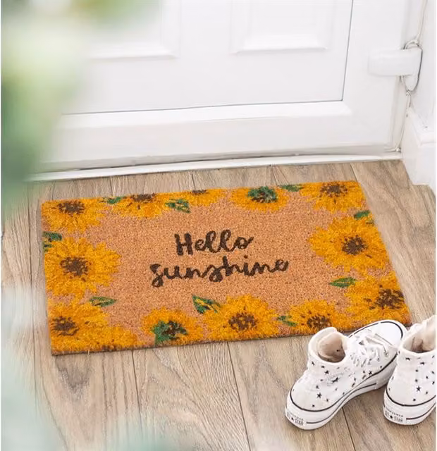 Gloriously Good Hello Sunshine Sunflower Coir Doormat, Brown, Rectangular