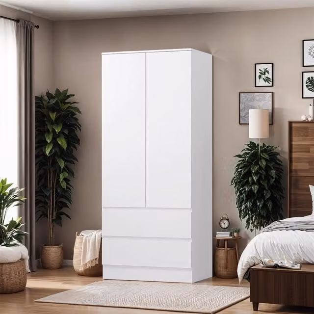 FWStyle Matt White Double Combination Wardrobe with 2 Doors and 2 Drawers